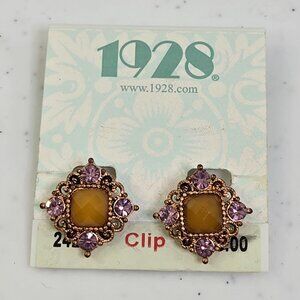 Vintage 1928 Clip on Earrings Pink Yellow Rhinestone Filigree Gold‎ Tone  New